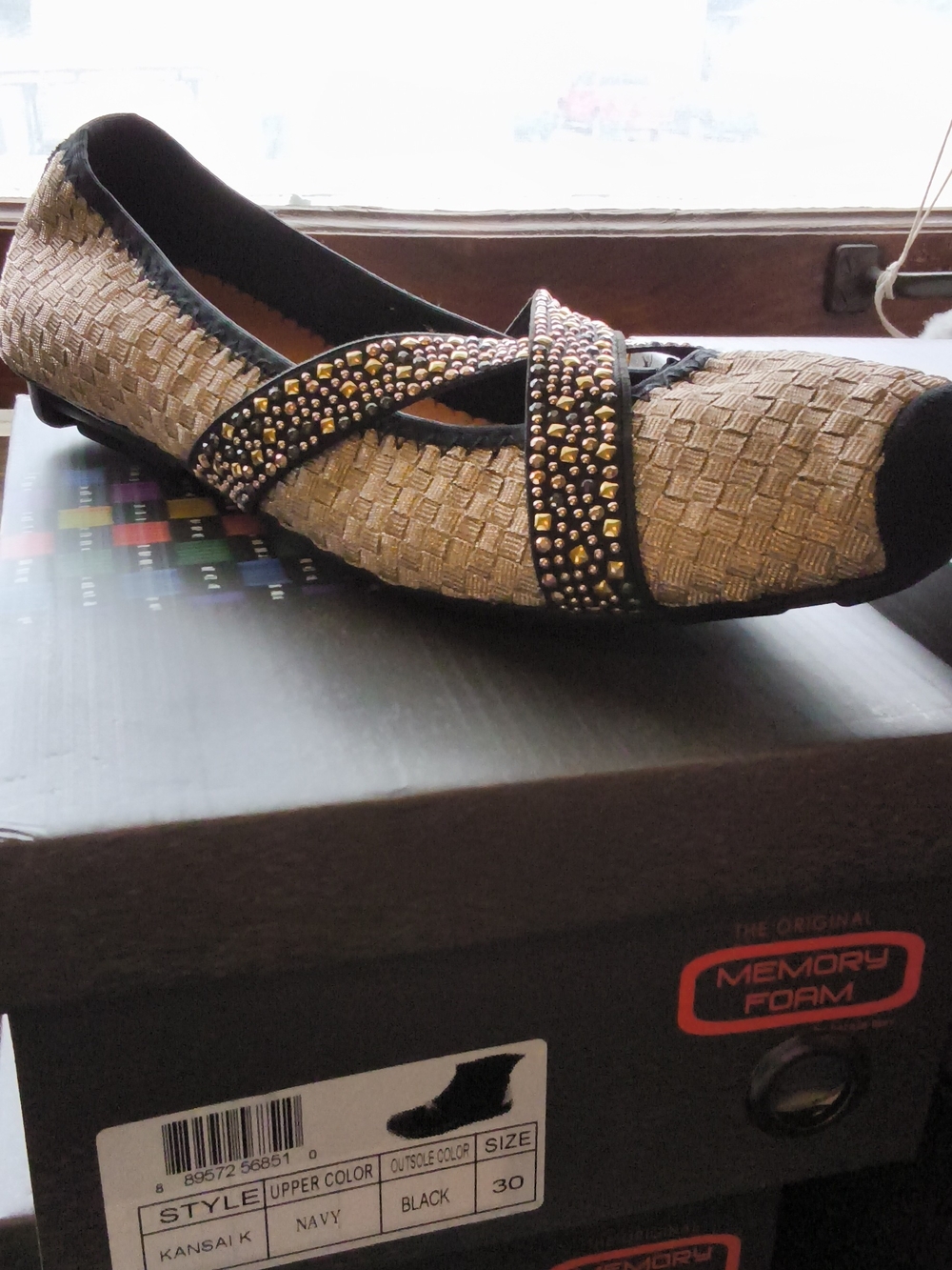 bernie mev. Woven Beige Ballet Flat with Black Trim & Gold Studded Cross Straps